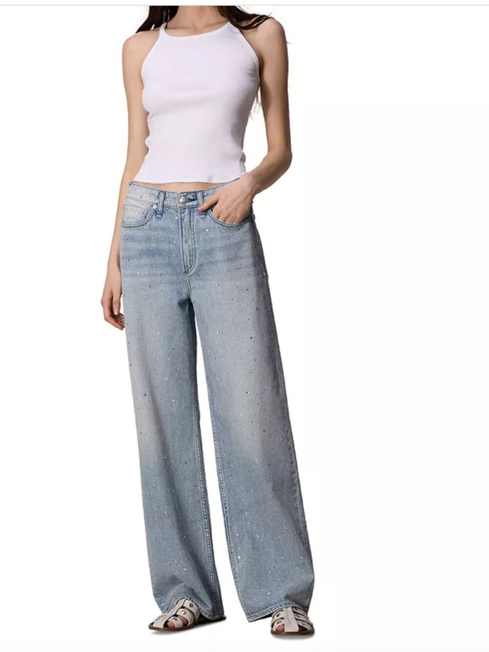 NWT rag & bone Logan Bejeweled Wide Leg Jeans Misty Rhinestone Jewel 28 NWT $358 - Picture 2 of 6